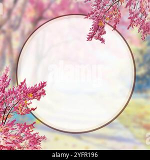 Hallo Frühlingssaison. Aquarellmalerei Frühling mit floralen Elementen und weißem Kreis auf Naturhintergrund. Romantische Grußkarte, Text Stockfoto
