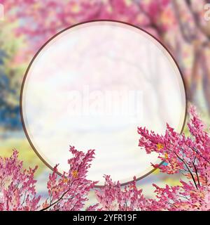 Hallo Frühlingssaison. Aquarellmalerei Frühling mit floralen Elementen und weißem Kreis auf Naturhintergrund. Romantische Grußkarte, Text Stockfoto