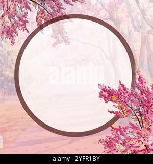 Hallo Frühlingssaison. Aquarellmalerei Frühling mit floralen Elementen und weißem Kreis auf Naturhintergrund. Romantische Grußkarte, Text Stockfoto