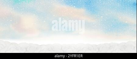 Abstrakte Aquarellmalerei Landschaftspanorama-Illustration auf Papier und Glanzlicht, Wolkenschnee, Himmelshintergrund. Stockfoto