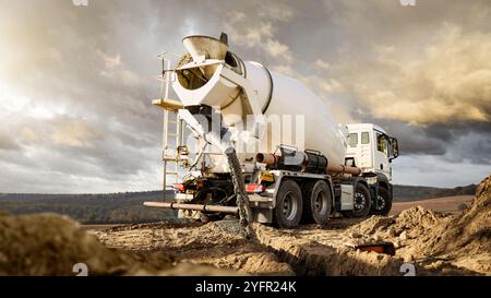 Betonmischer, der Beton auf einer Baustelle gießt Stockfoto