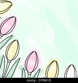 Aquarelltulpen in Frühlingsfarben Eckrahmen auf trendigem, weichem grünem Hintergrund. Kopierbereich. Isolierte Vektor-Illustration Muttertag Grußkarten, Poster, Flyer, Faltblatt, Banner oder Web-Promo Stock Vektor