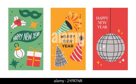 Happy New Year Plakate setzen einfache flache Vektor-Illustration. Minimaler Partyflyer, Prospektgutschablone. Stock Vektor