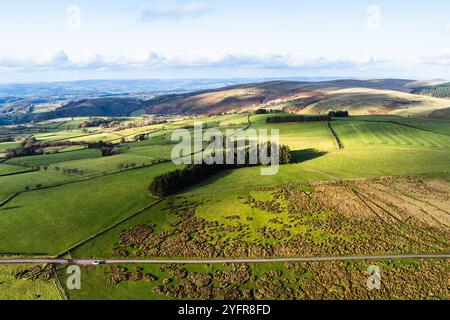 Farmen über Black Mountain von einer Drohne aus, Brecon Beacons National Park, Carmarthenshire, Wales, England Stockfoto