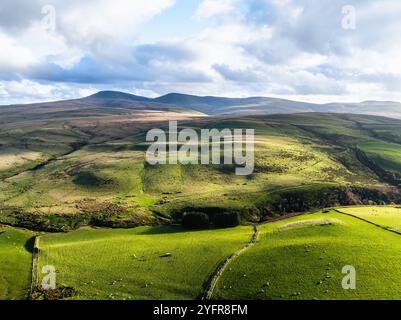 Farmen über Black Mountain von einer Drohne aus, Brecon Beacons National Park, Carmarthenshire, Wales, England Stockfoto
