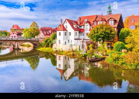 Lauf an der Pegnitz, Deutschland. Blick auf die Altstadt mit Fachwerkhäusern Fluss Pegnitz Wasserspiegelung - Mittelfranken, Bayern. Stockfoto