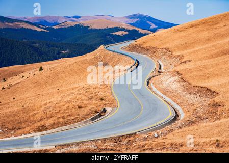 Transalpina, Rumänien. Auf höchster Höhe kurvige Autobahn, die die rumänischen Karpaten auf 2145 m Höhe überquert - blauer Himmel im Oktober. Stockfoto