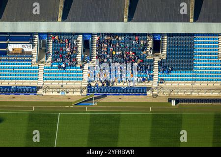 Luftbild, Vonovia Ruhrstadion Fußballstadion und Bundesligastadion des VfL Bochum 1848, Tribüne und vereinzelte Zuschauer, Grumme, Bochum, Ruhrgebiet, Nordrhein-Westfalen, Deutschland ACHTUNGxMINDESTHONORARx60xEURO *** Luftaufnahme, Vonovia Ruhrstadion und Bundesligastadion des VfL Bochum 1848, Tribüne und isolierte Zuschauer, Grumme, Bochum, Ruhrgebiet Nordrhein-Westfalen, Deutschland ATTENTIONxMINDESTHONORARx60xEURO Stockfoto