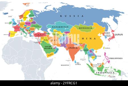 Eurasien, politische Landkarte mit individuell gefärbten staaten. Das größte kontinentale Gebiet der Erde, das alle Landmassen Europas und Asiens umfasst. Stockfoto