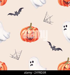 Aquarell halloween nahtloses Muster mit Geistern, Kürbissen und Fledermäusen. Stockfoto
