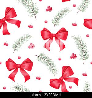 Nahtloses Weihnachtsmuster mit stechpalmenbeeren, Tannenzweigen und roten Bögen. Handgezeichnete Aquarellillustration für Winterferien. Stockfoto