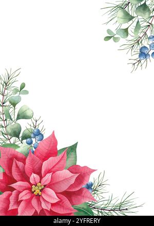 Weihnachtskarte mit Weihnachtsstern, Blättern, Eukalyptus, wacholder. Handgezeichnete botanische Karte mit Aquarell. Stockfoto