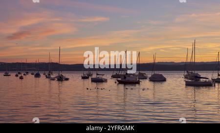 Sonnenaufgangspanorama Am Bodensee. Morgensonnenlicht Über Ruhigem Wasser. Erleben Sie den faszinierenden Sonnenaufgang über dem deutschen Bodensee, der von einem Boot aus gefangen genommen wurde Stockfoto