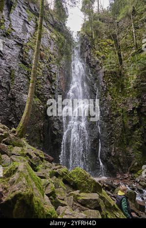 Der Burgbach-Wasserfall im Nadelwald fällt über Granitfelsen in das Tal bei Bad Rippoldsau-Schapbach, Schwarzwald, Deutschland. Deutschland, Amazin Stockfoto