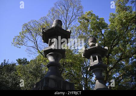 Antike japanische Ishidoro-Steinlaternen mit eingravierten Namen von Fischgroßhändlern auf dem Gelände des Sumiyoshi-Taisha Shinto-Schreins in Osaka Japan. Stockfoto