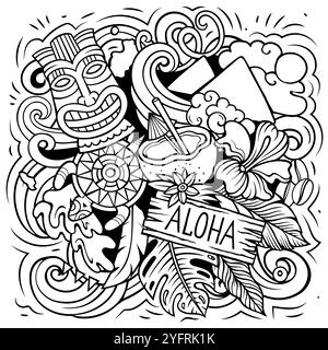Hawaii Cartoon-Vektor-Doodle-Design. Skizzenhafte, detaillierte Komposition mit vielen hawaiianischen Objekten und Symbolen Stock Vektor