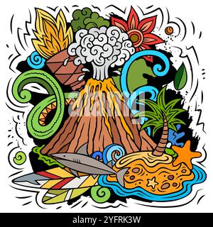 Hawaii Cartoon Vektor Doodle Design. Farbenfrohe, detailreiche Komposition mit vielen hawaiianischen Objekten und Symbolen. Alle Elemente sind getrennt Stock Vektor