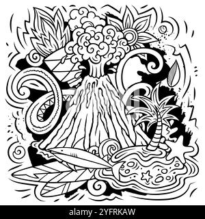 Hawaii Cartoon-Vektor-Doodle-Design. Skizzenhafte, detaillierte Komposition mit vielen hawaiianischen Objekten und Symbolen Stock Vektor