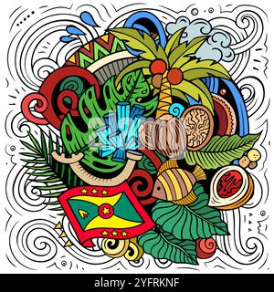 Vektor lustige Kritzelillustration mit Grenada Thema. Farbenfrohes Design, das das Wesen der nordamerikanischen Kultur und Traditionen in verspieltem Kalifornien einfängt Stock Vektor