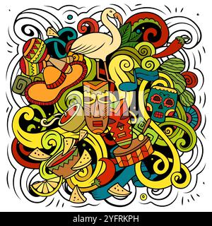 Lateinamerika Karikaturvektor Illustration. Farbenfrohe, detaillierte Komposition mit vielen lateinamerikanischen Objekten und Symbolen Stock Vektor