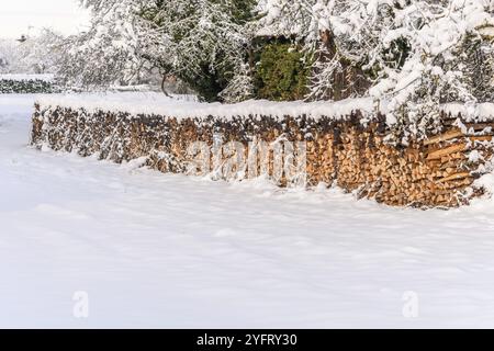 Ein Holzhaufen, der vor dem Haus für lange und kalte Winter gestapelt ist. Das Holz soll den Kamin warm halten und das Feuer in Gang halten Stockfoto