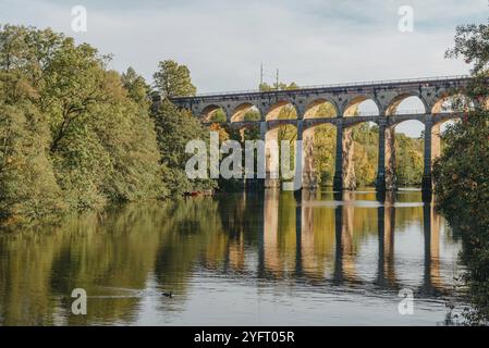 Eisenbahnbrücke mit Fluss in Bietigheim-Bissingen, Deutschland. Herbst. Eisenbahnviadukt über der Enz, erbaut 1853 von Karl von Etzel auf sonniger Basis Stockfoto