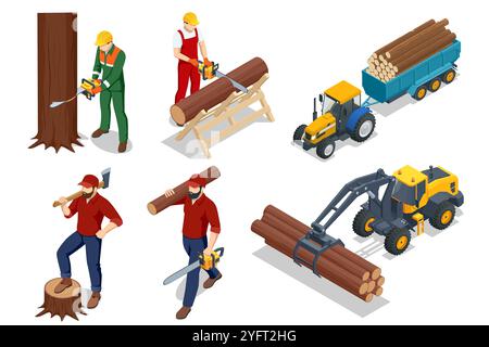 Isometrischer Log Loader. Ladeausrüstung für die Protokollierung. Holzlader für Holz, Baumstämme. Traktor mit Anhänger beladen mit Holzfässern und Holzfässer männlich Stock Vektor