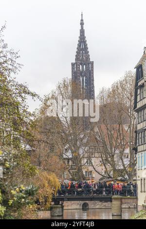 Die große Kathedrale notre-Dame aus Little France in Straßburg zur Weihnachtszeit. Bas-Rhin, Elsass, Grand Est, Frankreich, Europa Stockfoto