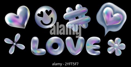 3D-holografisches Retro-90-Aufkleber-Set. Chrome Heart, wie Blume, Lächeln im Y2K-Stil mit Love Text isoliert auf Schwarz. Ästhetik der Zukunft, 3D-Chrom-Blasenkunst. Aufkleberset aus glänzendem Metall. Stock Vektor