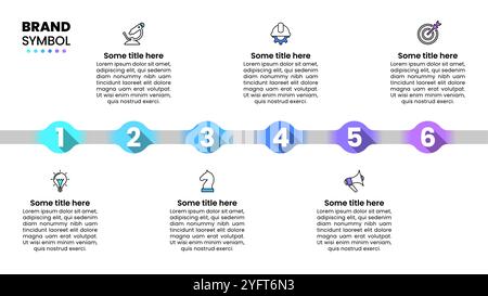 Infografikvorlage mit Symbolen und 6 Optionen oder Schritten. Horizontale Linie. Kann für Workflow-Layout, Diagramm, Banner und Webdesign verwendet werden. Vektor illustrat Stock Vektor