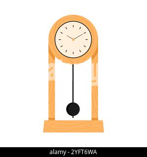 Vintage gelbe Uhr mit hängendem tickenden Pendel und Zifferblatt mit Händen Vektor Illustration Stock Vektor