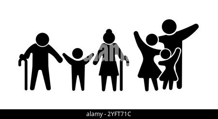 Vektor-Illustration glücklicher Familiensymbole. Vater, Mutter, Tochter, Sohn, Enkelkind mit weißem Hintergrund Stock Vektor