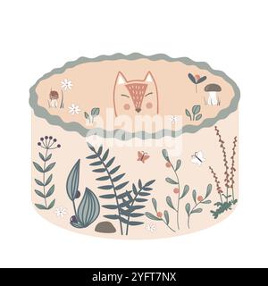 Süßer bento-Kuchen mit Waldpflanzen und Comic-Fuchs-Porträt. Happy Birthday Designelement, neutrale Palette. Isolierte Vektordarstellung Stock Vektor
