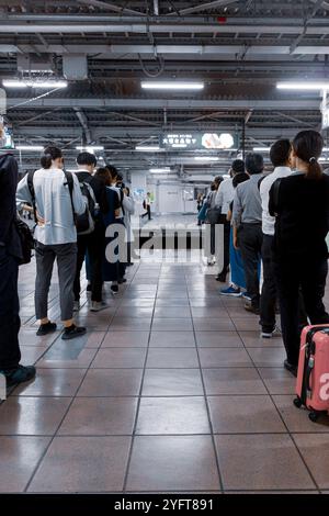 Japaner warten in perfekter Warteschlange auf die U-Bahn © Giorgia de Dato Stockfoto