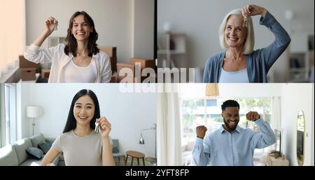 Porträt von aufgeregten Menschen, die Schlüssel zeigen Genießen Sie den Umzugstag Stockfoto