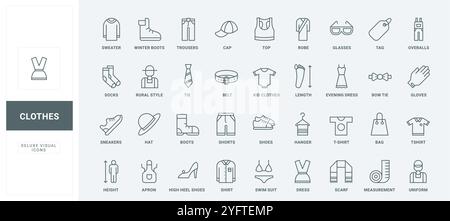 Turnschuhe und Hosen, Kleid und Bikini, weibliche und männliche Kleidung, um dünne schwarze Umrisssymbole Vektor-Illustration zu tragen. Freizeitkleidung und Schuhe, Mode für Männer, Frauen und Symbole für Kinder. Stock Vektor