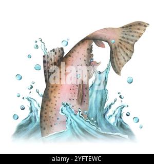 Springende Regenbogenforelle mit Wasserspritzer. Angelclipart. Handgezeichnete Aquarellillustration. Stockfoto