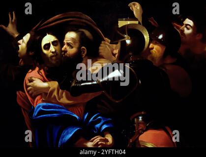 Taking of Christ,17th century,  Michelangelo Merisi da Caravaggio (after), Caravaggio 1573 – 1610 Porto Ercole  Italian, Italy,  ( Museum of Fine art Budapest ) Judas has identified Christ with a kiss, as the temple guards move in to seize Him. The fleeing disciple in disarray on the left is St John the Evangelist. Only the moon lights the scene Stockfoto