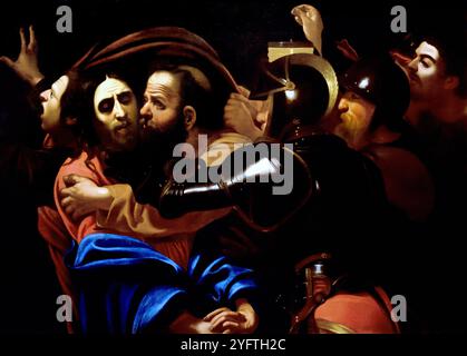 Taking of Christ,17th century,  Michelangelo Merisi da Caravaggio (after), Caravaggio 1573 – 1610 Porto Ercole  Italian, Italy,  ( Museum of Fine art Budapest ) Judas has identified Christ with a kiss, as the temple guards move in to seize Him. The fleeing disciple in disarray on the left is St John the Evangelist. Only the moon lights the scene Stockfoto