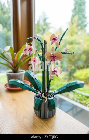 Prag, Tschechische republik - 8. Mai 2024: Umweltfreundliche Dekorative Orchidee aus Lego-Ziegeln Stockfoto