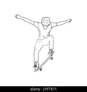 Skateboarder macht einen Trick mit Skateboard. Person, die Skateboard für Sport und Hobby spielt. Sportkonzept. Handgezeichnete Vektorgrafik. Stock Vektor