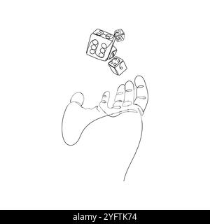 Hand mit Spielwürfeln. Person, die Würfe wirft. Spieler, Geschäftsrisiko, Casino-Konzept in einer durchgehenden Linienzeichnung. Handgezeichneter Vektor. Stock Vektor