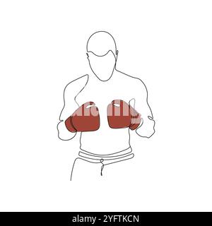 Sportlicher Mann Boxer. Eine durchgehende Linienzeichnung. Sportler mit Boxhandschuhen. Vektorabbildung. Stock Vektor