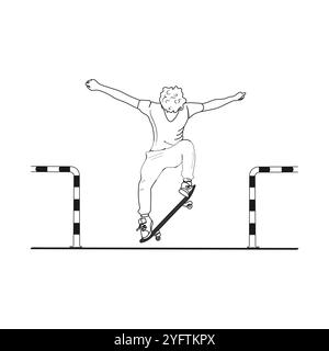 Skateboarder macht einen Trick mit Skateboard. Mann, der Skateboard für Sport und Hobby spielt. Sportkonzept. Handgezeichnete Vektorgrafik. Stock Vektor