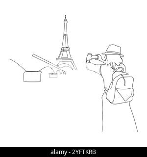 Touristenmädchen fotografiert den Eiffelturm in Paris mit Smartphone, Reise durch Europa. Tourismuskonzept. Illustration eines einzeiligen Vektors. Stock Vektor