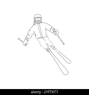 Skifahrer, Skifahren in einer Linie Kunstzeichnungen. Abfahrt vom Berg. Wintersport und Tourismuskonzept. Handgezeichnete Vektorgrafik. Stock Vektor