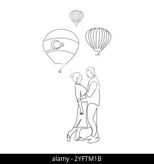 Romantisches, umarmendes Paar, das von Angesicht zu Angesicht steht. Heißluftballons im Hintergrund. Kappadokien, Türkei. Einzeilige Art. Vektorabbildung. Stock Vektor