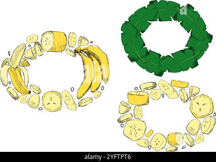 Set aus abgerundeten ovalen tropischen Blättern und Bananenrahmen. Grafisches Zeichentrickdesign, Vektorillustration Stock Vektor