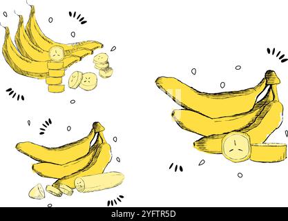 Illustrationen und Vektorkunst, tropische Frucht gelbe Bananenkomposition auf weißem Hintergrund gesetzt. Grafische Zeichentrickdarstellung Stock Vektor