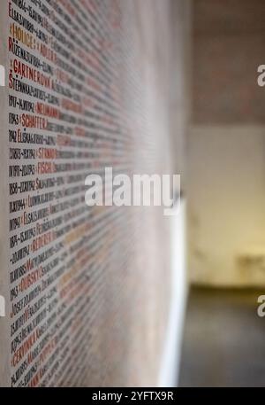 Gedenkstätte in der historischen Pinkas-Synagoge im Jüdischen Viertel von Prag mit den Namen der tschechischen Holocaust-Opfer an den Wänden. Stockfoto